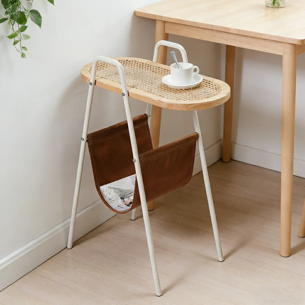 LIVARA Rattan Magazine Side Table - Storage Rack with Leather Pocket, Solid Wood Top Iron Frame Bedside Table - White - Image 4