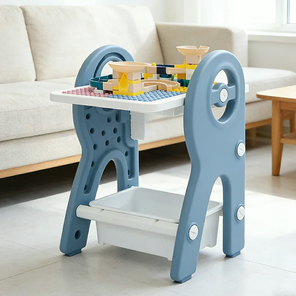LIVARA Dual-purpose Art Table, Building Blocks Play, Ergonomic Design, Smooth Rounded Surface, Convenient Storage Drawer - Blue - Image 4
