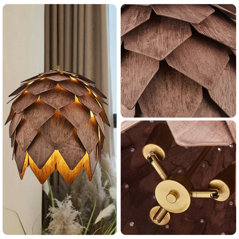 LIVARA 25/40/60cm Pinecone Pendant Light, Handcrafted Basswood Lampshade with E27 LED Bulb Included, Nordic Natural Style Ceiling Lamp - Walnut - Image 3