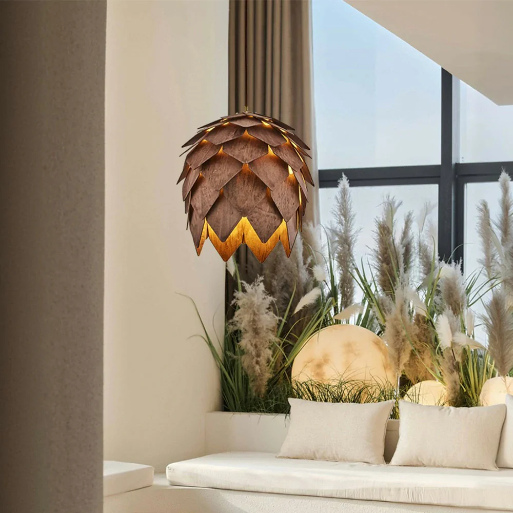 LIVARA 25/40/60cm Pinecone Pendant Light, Handcrafted Basswood Lampshade with E27 LED Bulb Included, Nordic Natural Style Ceiling Lamp - Walnut - Image 4