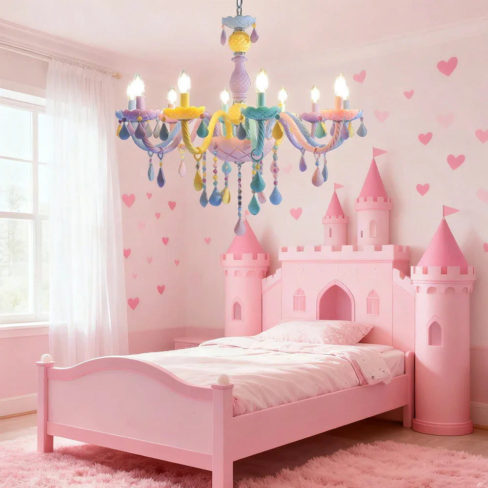LIVARA Macaron Chandelier 5/8/10-Head LED Warm Light, Colorful Glass & Stainless Steel Ceiling Lamp for Kids Room - Image 12