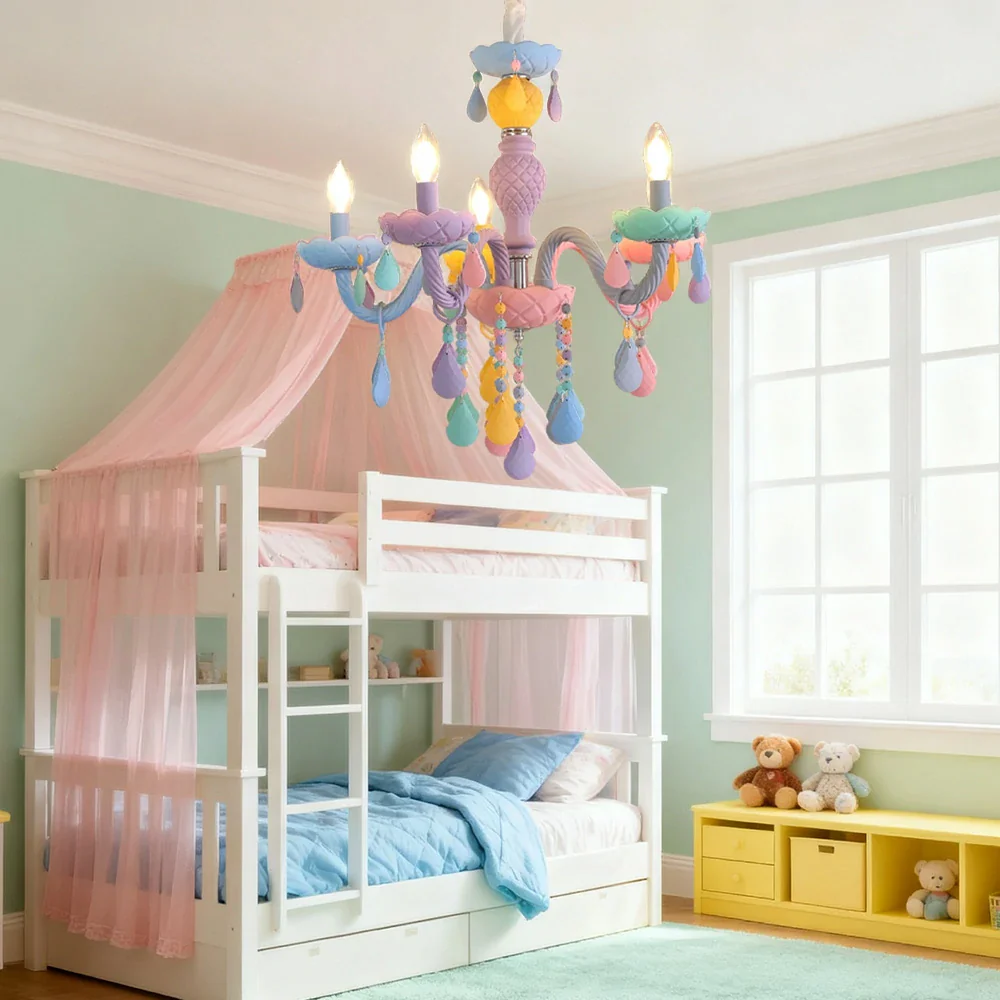 LIVARA Macaron Chandelier 5/8/10-Head LED Warm Light, Colorful Glass & Stainless Steel Ceiling Lamp for Kids Room - Image 2
