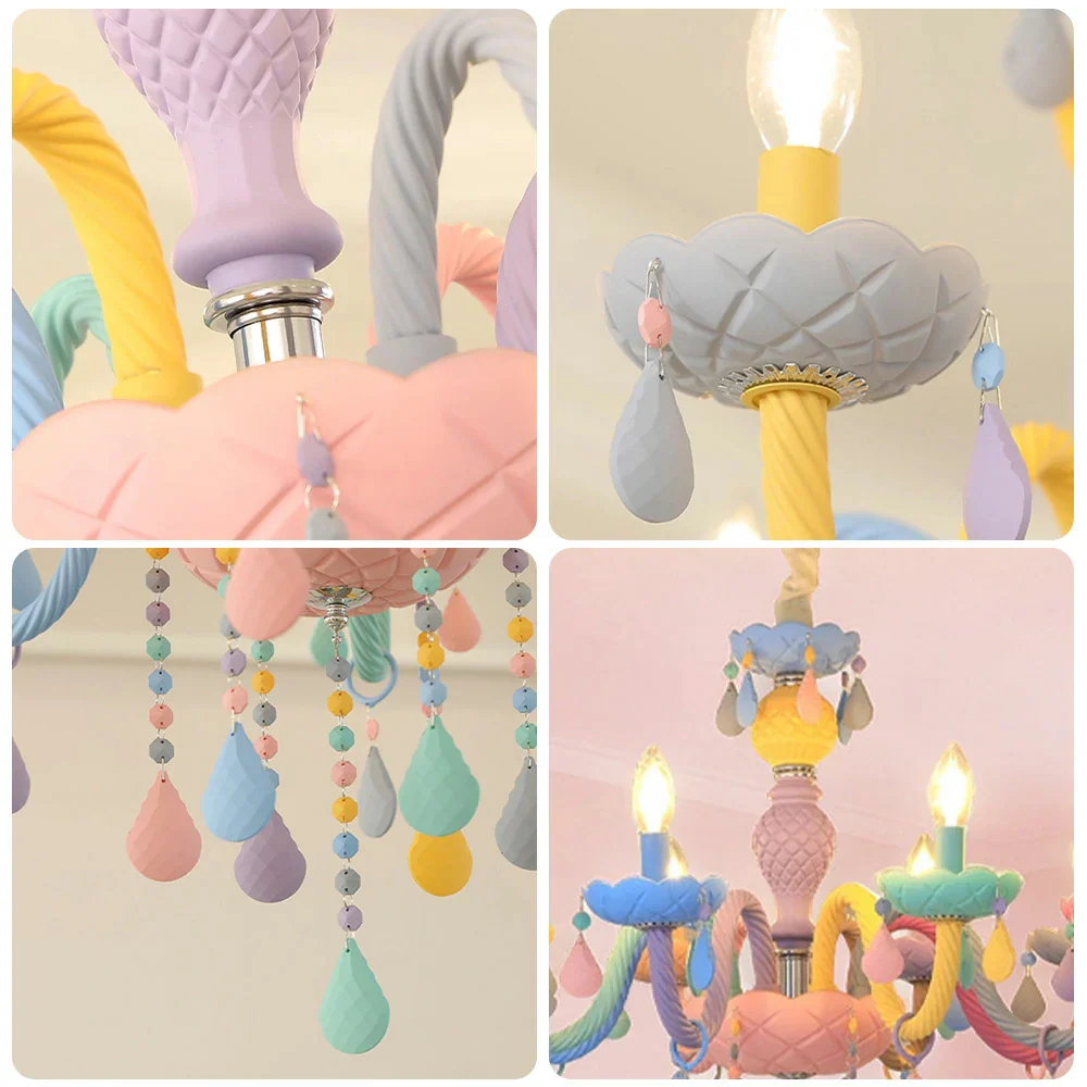 LIVARA Macaron Chandelier 5/8/10-Head LED Warm Light, Colorful Glass & Stainless Steel Ceiling Lamp for Kids Room - Image 8