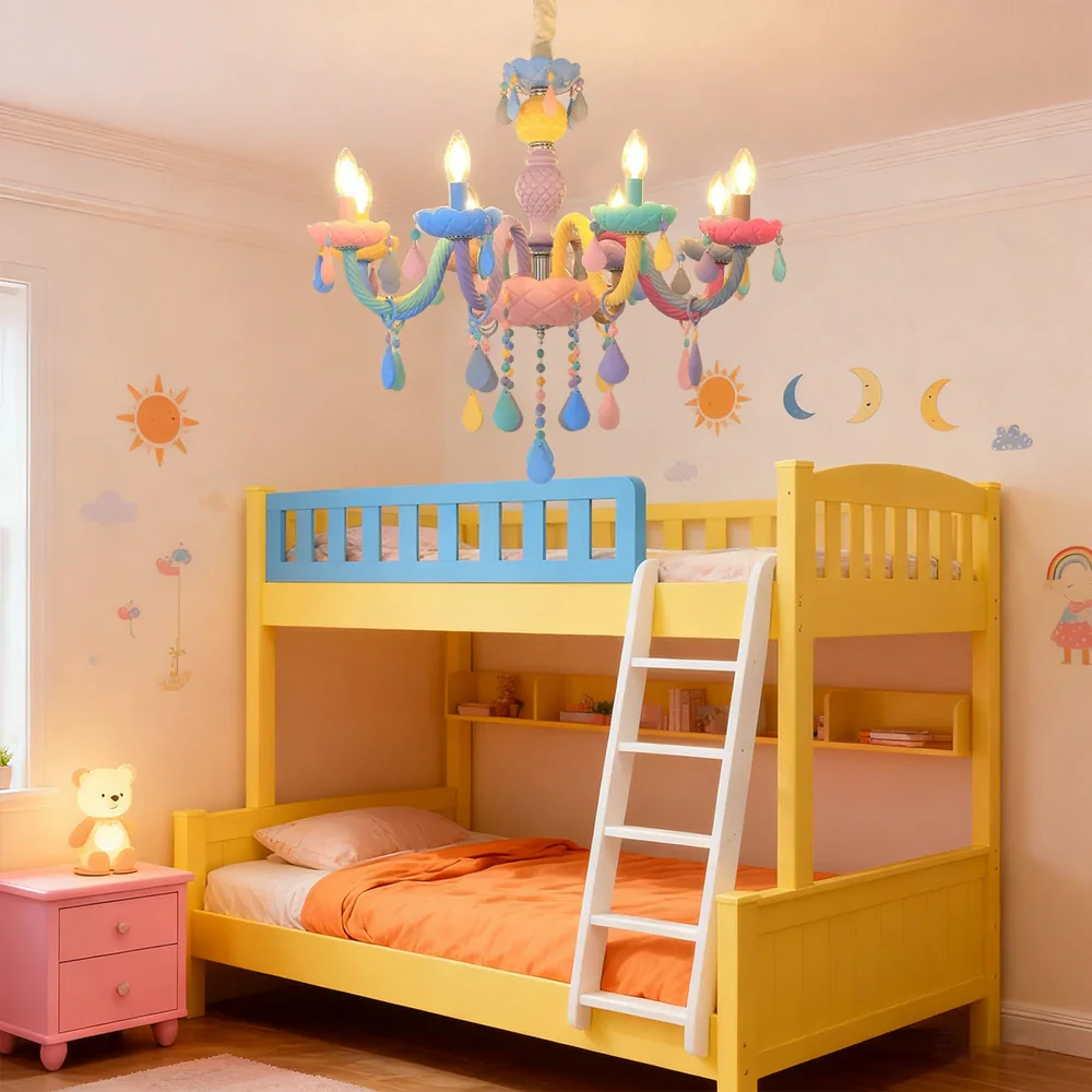 LIVARA Macaron Chandelier 5/8/10-Head LED Warm Light, Colorful Glass & Stainless Steel Ceiling Lamp for Kids Room - Image 9