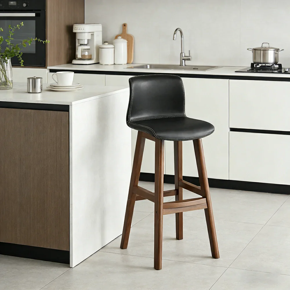LIVARA Dining Chair Ergonomic Wide Seat Solid Wood Frame Faux Leather Upholstery High-Resilience Cushion - Black - Image 2