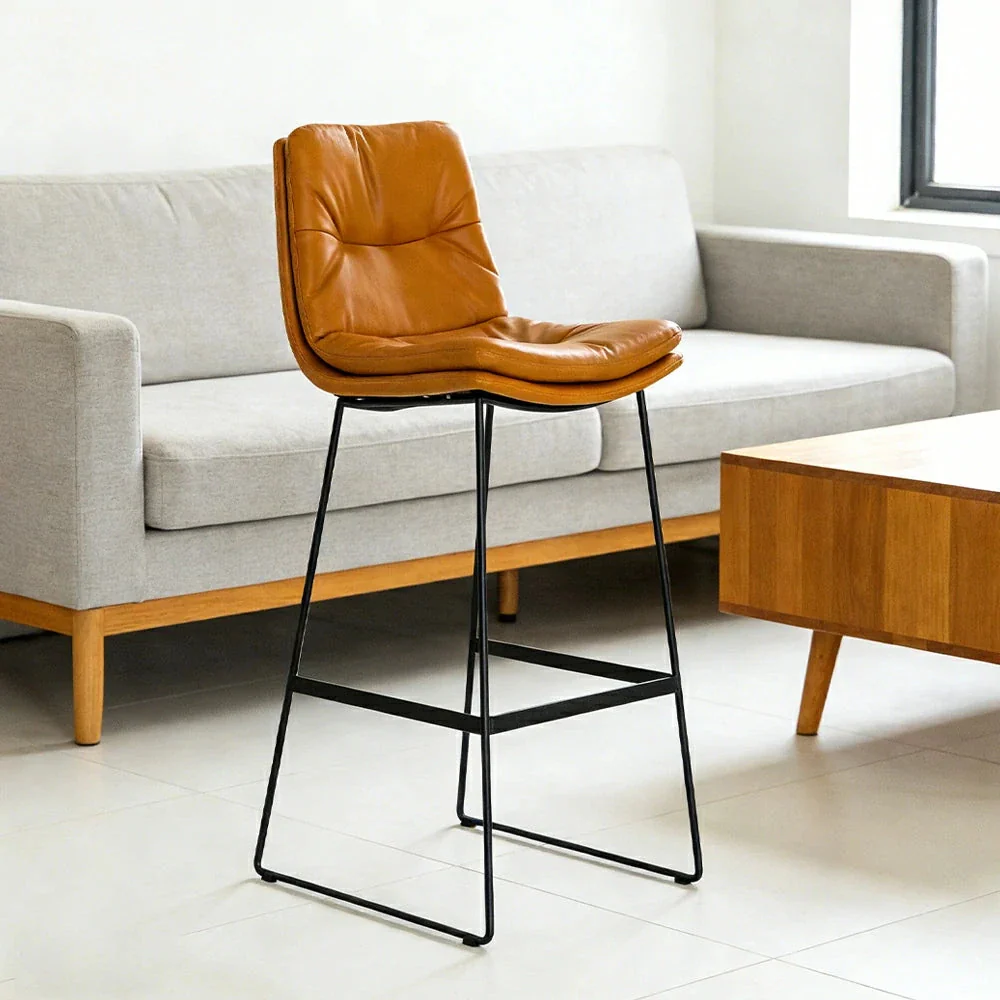 LIVARA Modern Bar Stool - PU Upholstered Ergonomic Padded Seat, Supportive Backrest, Stable Metal Legs, Kitchen & Bar Use, Seat Height 65cm - Orange - Image 2