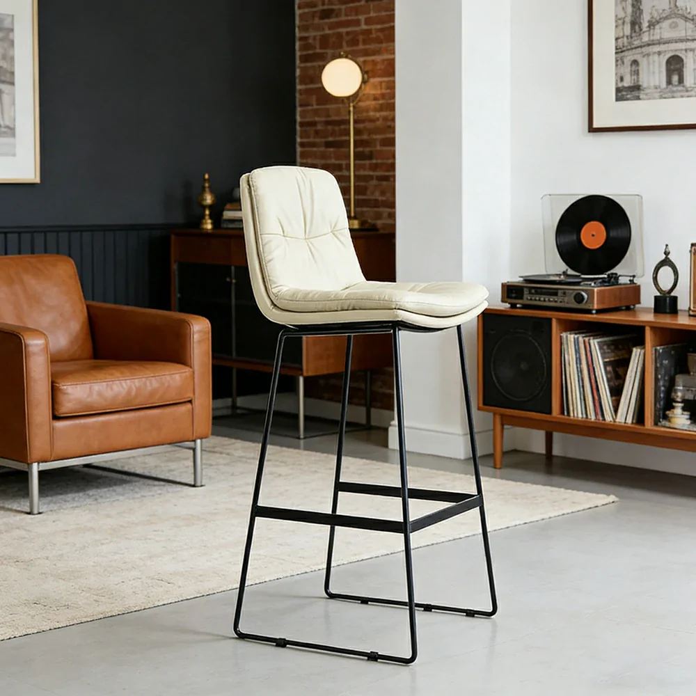 LIVARA Modern Bar Stool - PU Upholstered Ergonomic Padded Seat, Supportive Backrest, Stable Metal Legs, Kitchen & Bar Use, Seat Height 65cm - White - Image 2