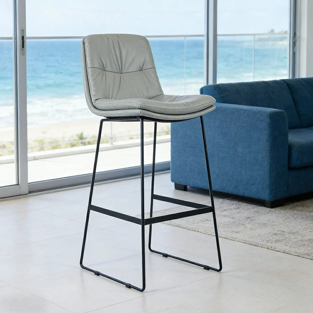 LIVARA Modern Bar Stool - PU Upholstered Ergonomic Padded Seat, Supportive Backrest, Stable Metal Legs, Kitchen & Bar Use, Seat Height 65cm - Light Grey - Image 2