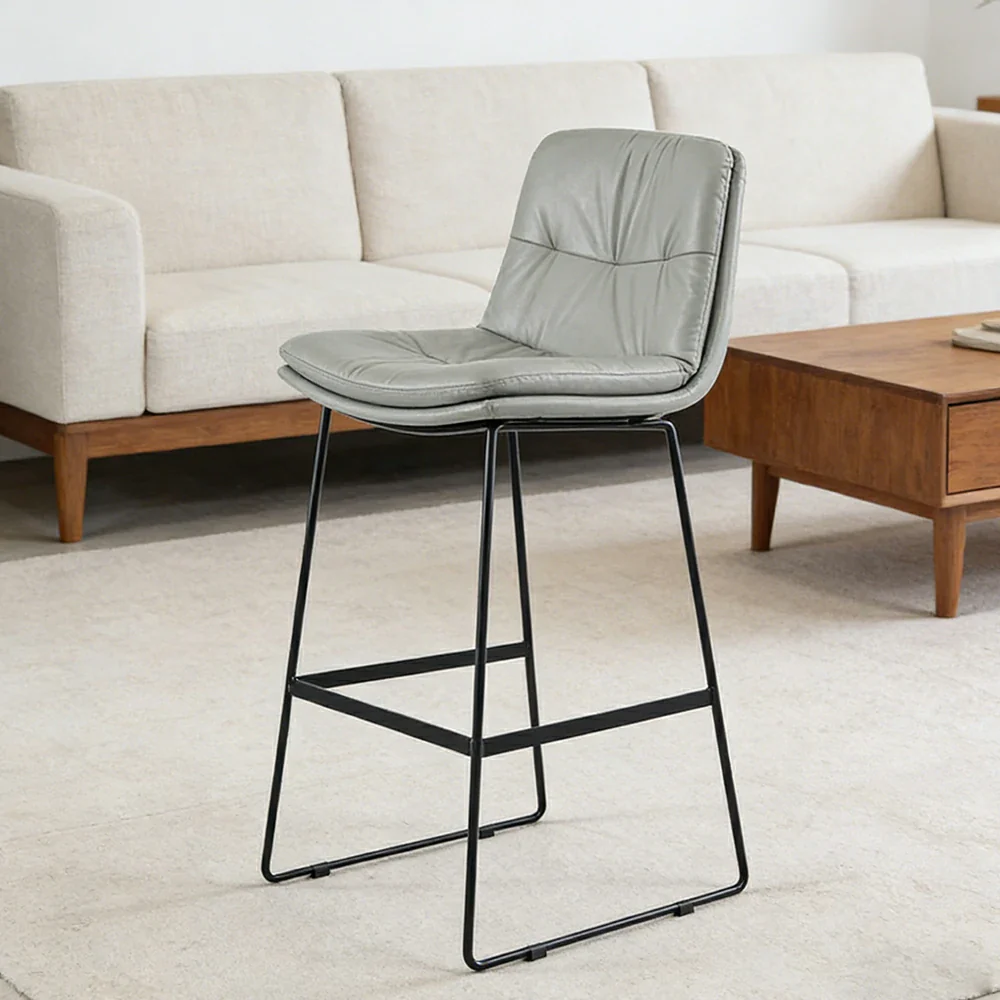 LIVARA Modern Bar Stool - PU Upholstered Ergonomic Padded Seat, Supportive Backrest, Stable Metal Legs, Kitchen & Bar Use, Seat Height 65cm - Light Grey - Image 4