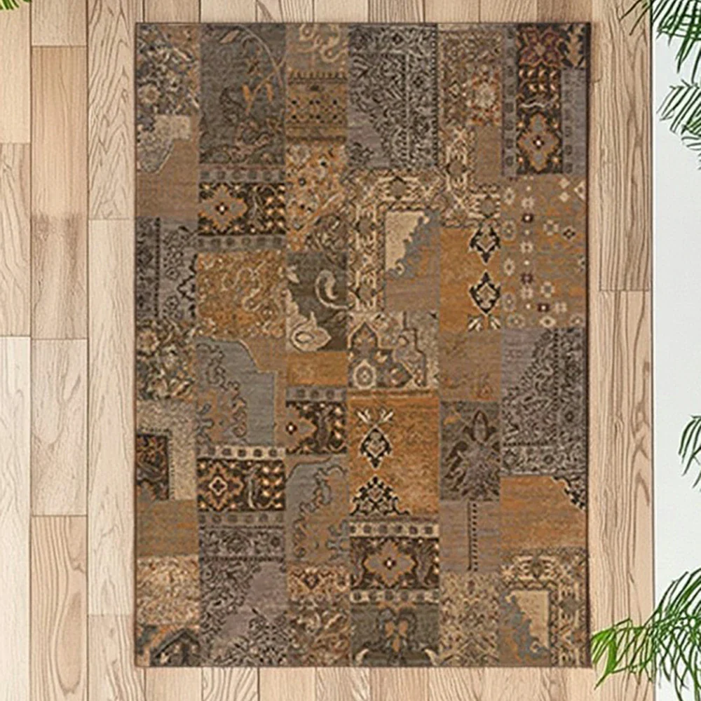 LIVARA 160/200cm Vintage Patchwork Loop-Pile Rug - Waterproof, Stain-Resistant, Anti-Static, Soft & Durable - Rustic Brown Style - Image 3