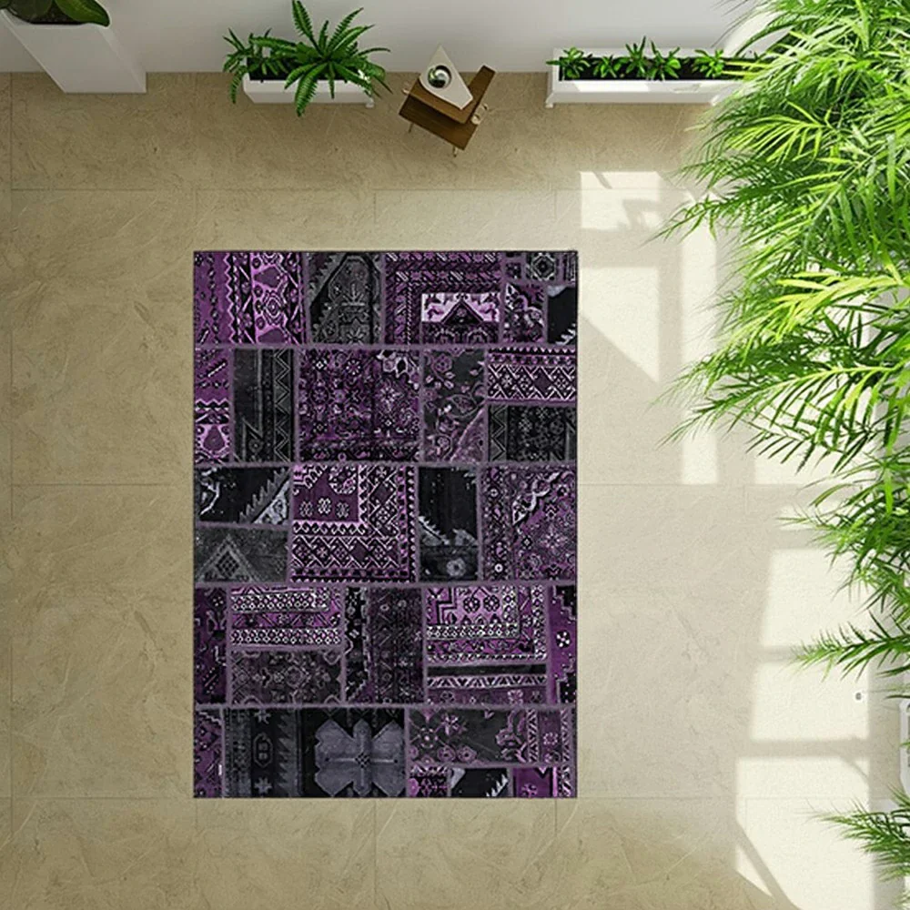 LIVARA 160/200cm Purple Vintage Patchwork Loop-Pile Rug - Waterproof, Stain-Resistant, Anti-Static, Soft & Durable - Dark Purple Design - Image 2