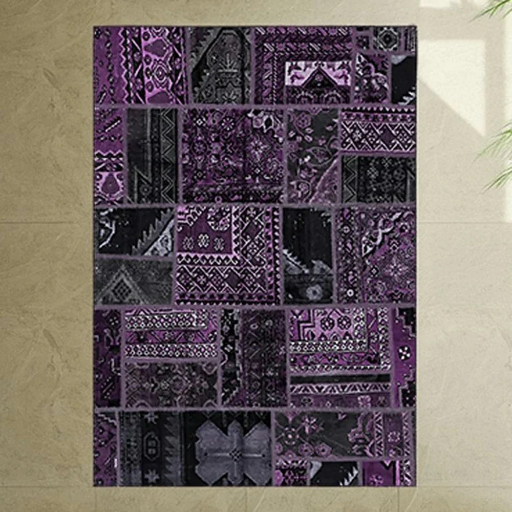 LIVARA 160/200cm Purple Vintage Patchwork Loop-Pile Rug - Waterproof, Stain-Resistant, Anti-Static, Soft & Durable - Dark Purple Design - Image 3