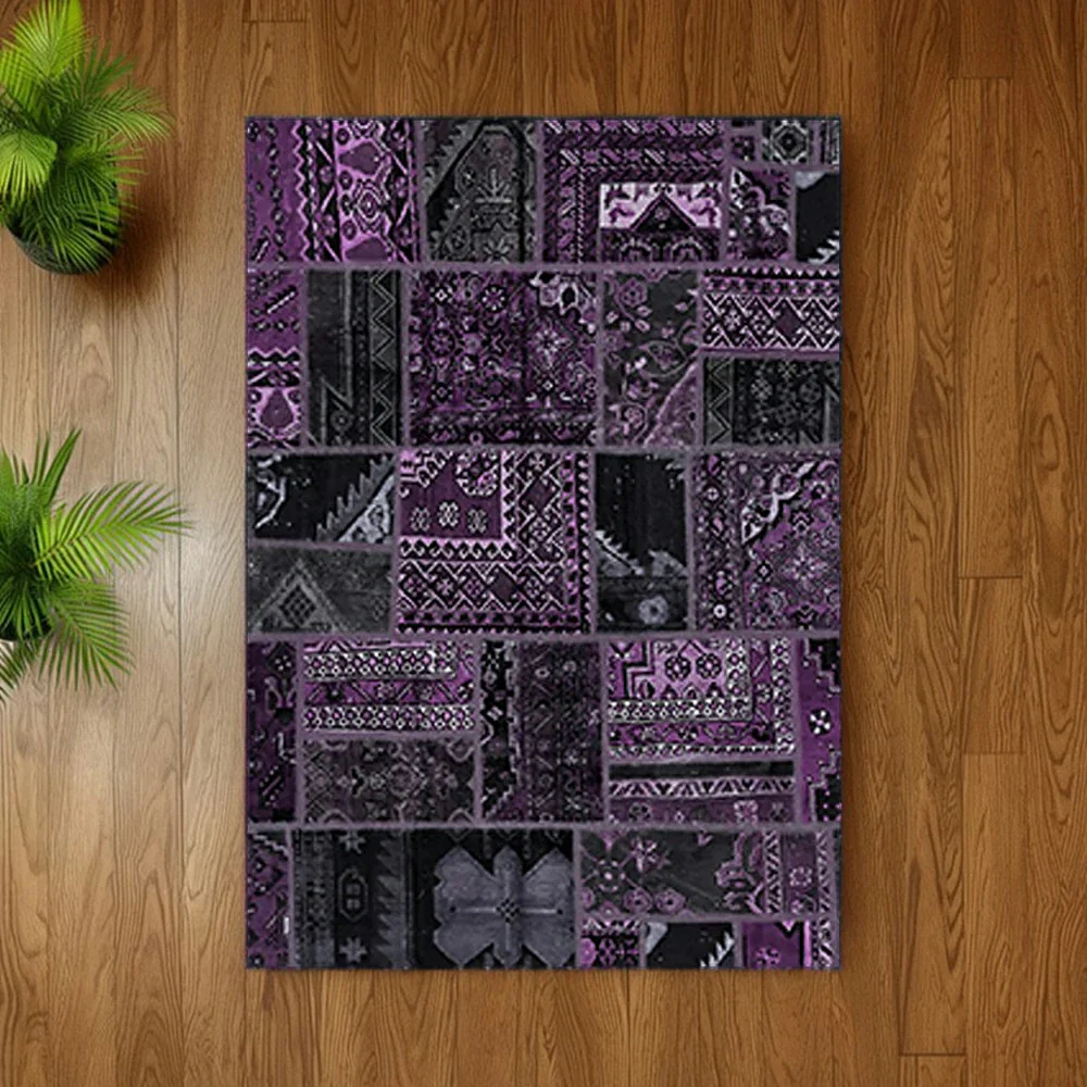 LIVARA 160/200cm Purple Vintage Patchwork Loop-Pile Rug - Waterproof, Stain-Resistant, Anti-Static, Soft & Durable - Dark Purple Design - Image 4