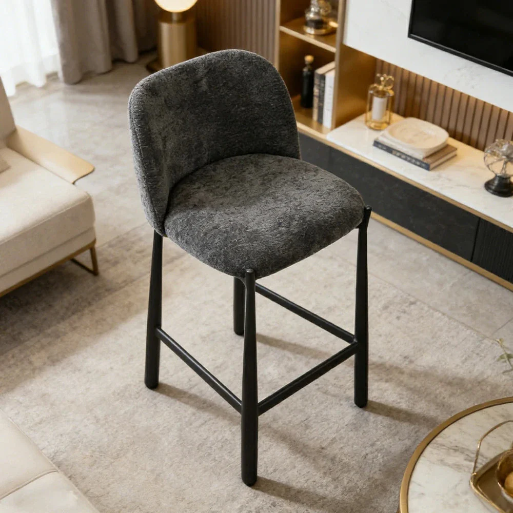 LIVARA Modern Bar Stool - Ergonomic Curved Backrest, Soft Upholstered Seat, Stable Metal Legs, Kitchen & Bar Use, Seat Height 65cm - Grey - Image 2