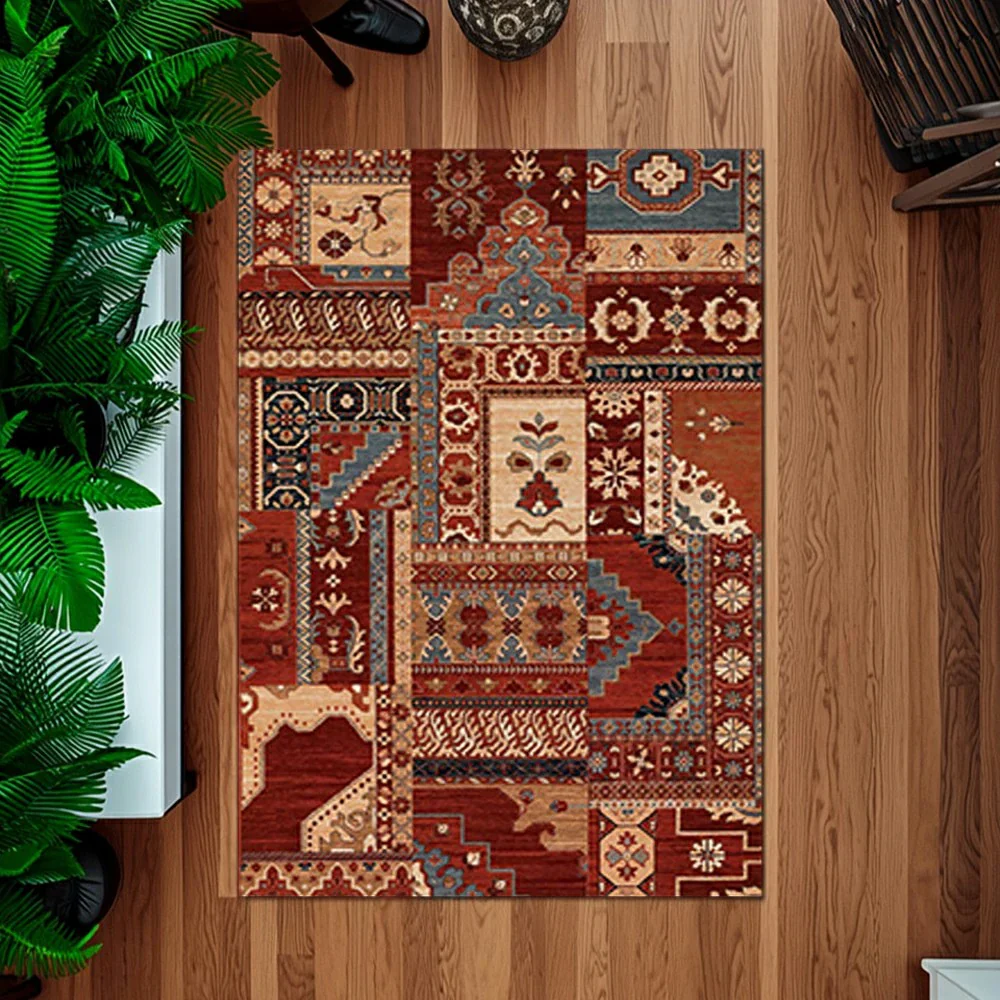 LIVARA 160/200cm Red & Blue Oriental Patchwork Loop-Pile Rug - Waterproof, Stain-Resistant, Anti-Static, Soft & Durable - Vintage Pattern Design - Image 4
