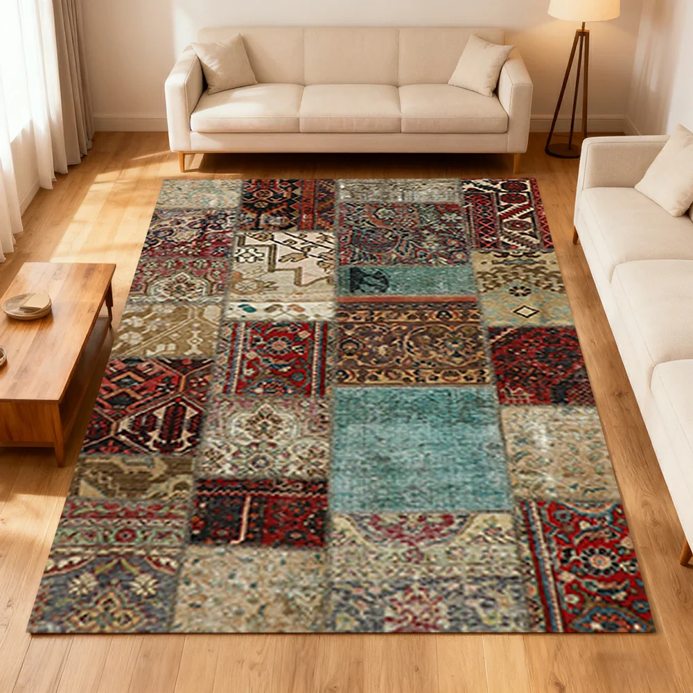 LIVARA 160/200cm Teal & Red Vintage Patchwork Loop-Pile Rug - Waterproof, Stain-Resistant, Anti-Static, Soft & Durable - Multi-Color Design - Image 4