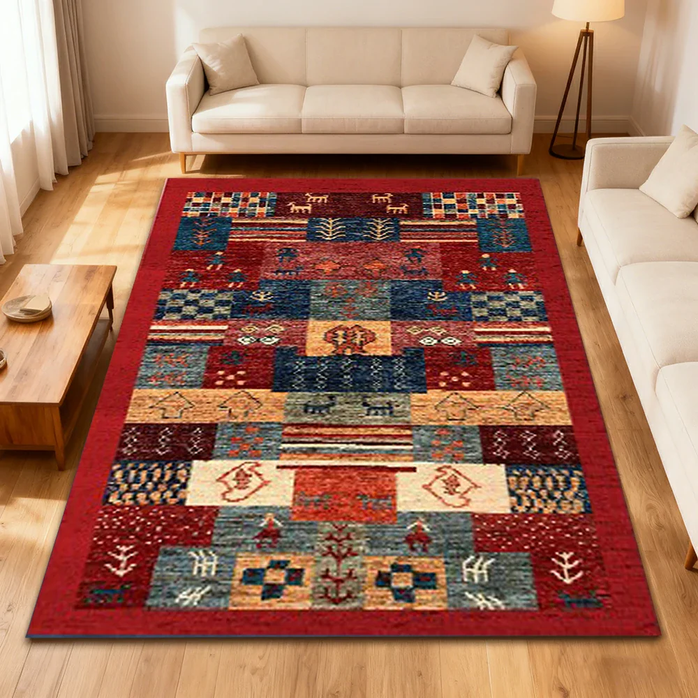 LIVARA 160/200cm Gabbeh Patchwork Loop-Pile Rug - Upgraded Non-Slip Eco Cotton-Latex Backing - Waterproof, Stain-Resistant, Soft & Durable - Red Multi - Image 2