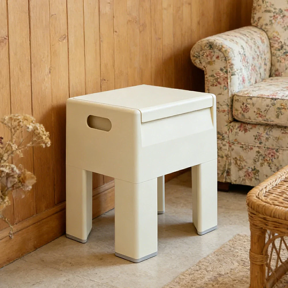 LIVARA Multi-Functional Storage Stool - ABS Material with Hidden Storage, Lightweight Stackable Design, Bedside & Side Table Use - White - Image 4