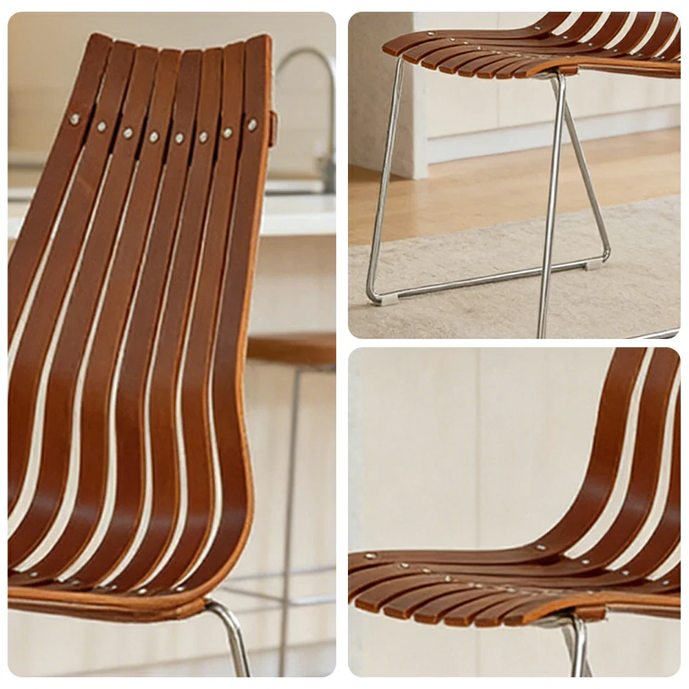 LIVARA Vintage Dining Chair - Curved Wooden Slat Seat with Metal Frame, Ergonomic Backrest, Stackable Design, Seat Height 44cm - Walnut Brown - Image 3