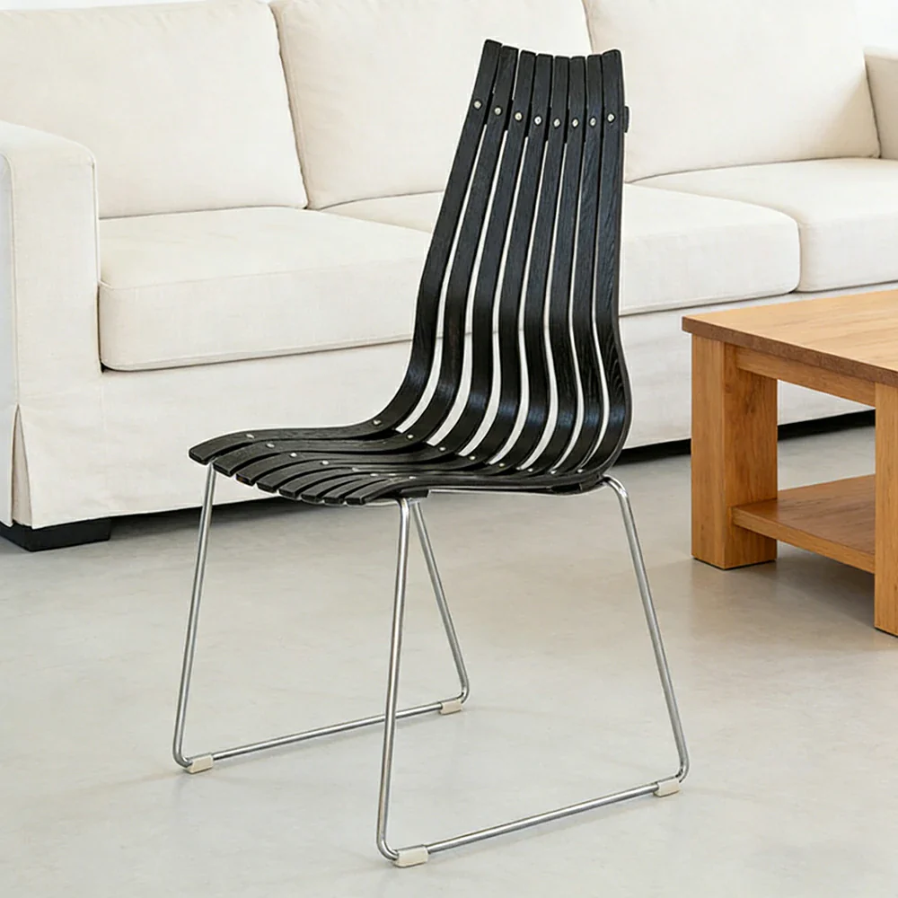 LIVARA Vintage Dining Chair - Curved Wooden Slat Seat with Metal Frame, Ergonomic Backrest, Stackable Design, Seat Height 44cm - Black - Image 2