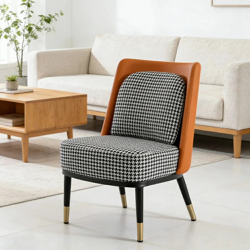 LIVARA Modern Accent Lounge Chair - Houndstooth Woven Upholstery with Contrast Backrest, Deep Cushioned Seat, Compact Statement Design - Houndstooth & Orange - Image 2