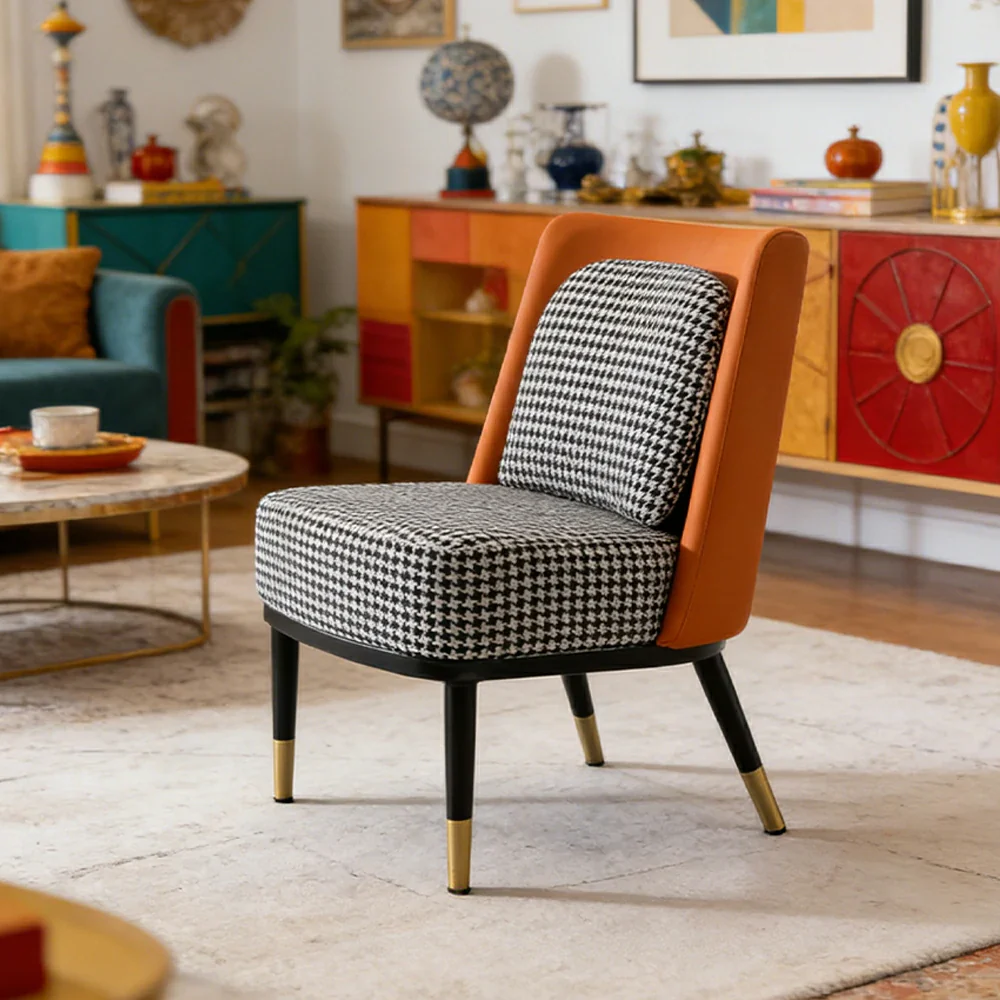 LIVARA Modern Accent Lounge Chair - Houndstooth Woven Upholstery with Contrast Backrest, Deep Cushioned Seat, Compact Statement Design - Houndstooth & Orange - Image 4