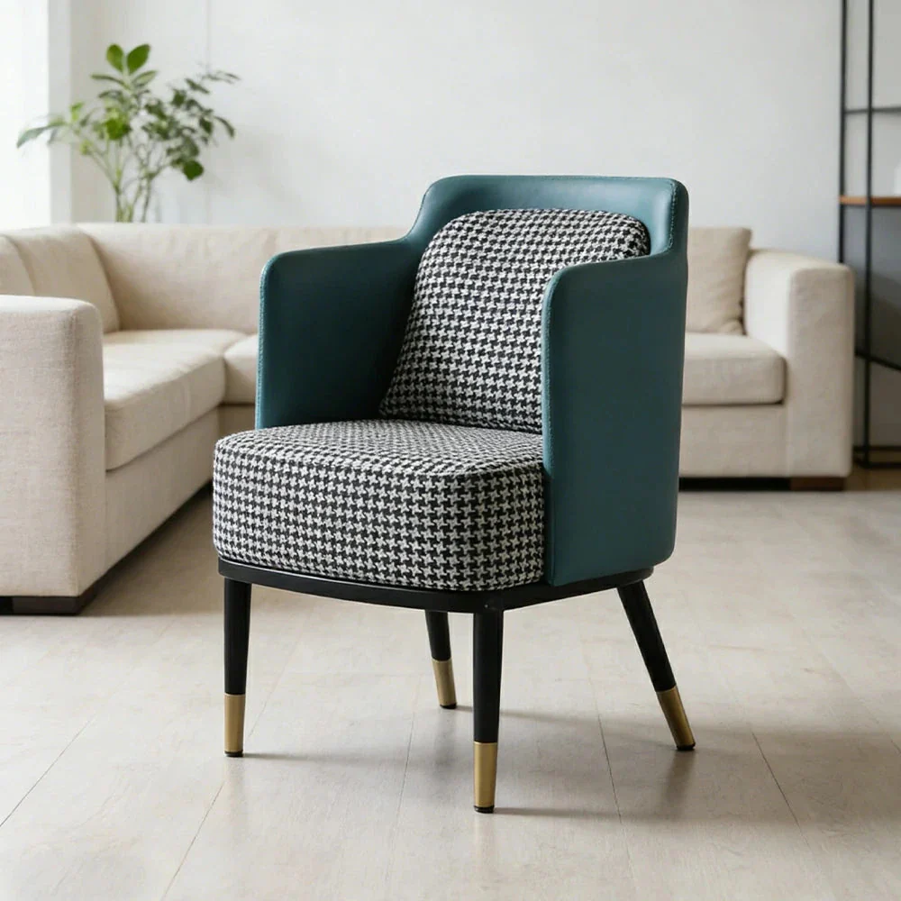 LIVARA Modern Accent Lounge Chair with Armrests - Houndstooth Woven Upholstery with Contrast Backrest, Deep Cushioned Seat, Compact Statement Design - Houndstooth & Teal Blue - Image 2