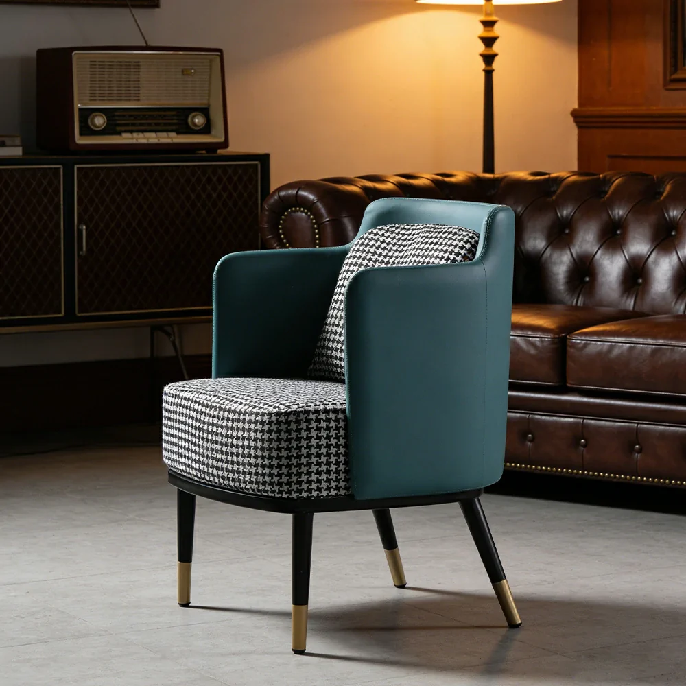 LIVARA Modern Accent Lounge Chair with Armrests - Houndstooth Woven Upholstery with Contrast Backrest, Deep Cushioned Seat, Compact Statement Design - Houndstooth & Teal Blue - Image 4