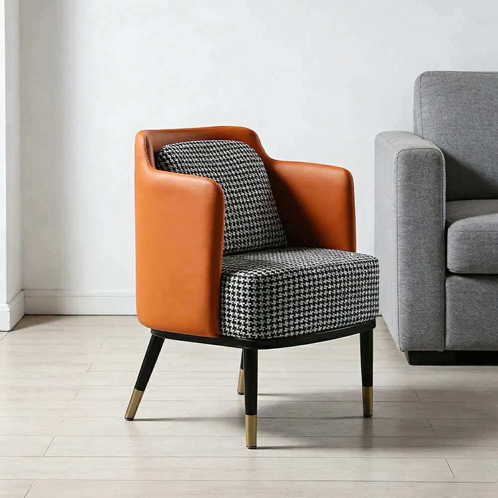 LIVARA Modern Accent Lounge Chair with Armrests - Houndstooth Woven Upholstery with Contrast Backrest, Deep Cushioned Seat, Compact Statement Design - Orange - Image 4