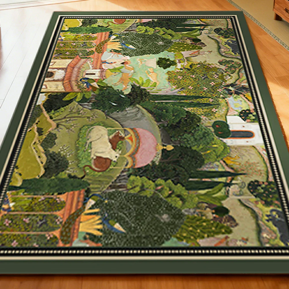 LIVARA 160/200cm Vintage Border Palace-Art Loop-Pile Rug - Non-Slip Eco Cotton-Latex Backing, Soft & Durable, Easy to Clean - Classic Garden Green - Image 3