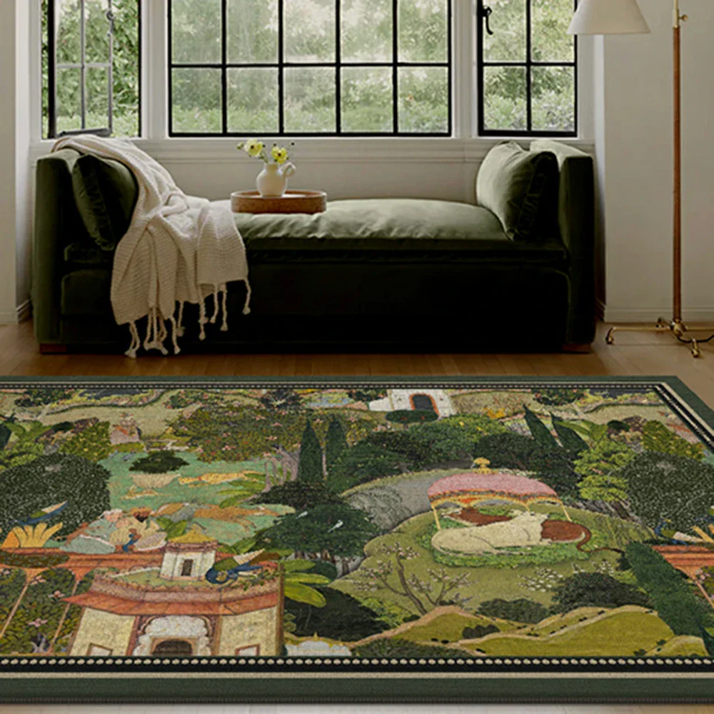 LIVARA 160/200cm Vintage Border Palace-Art Loop-Pile Rug - Non-Slip Eco Cotton-Latex Backing, Soft & Durable, Easy to Clean - Classic Garden Green - Image 4