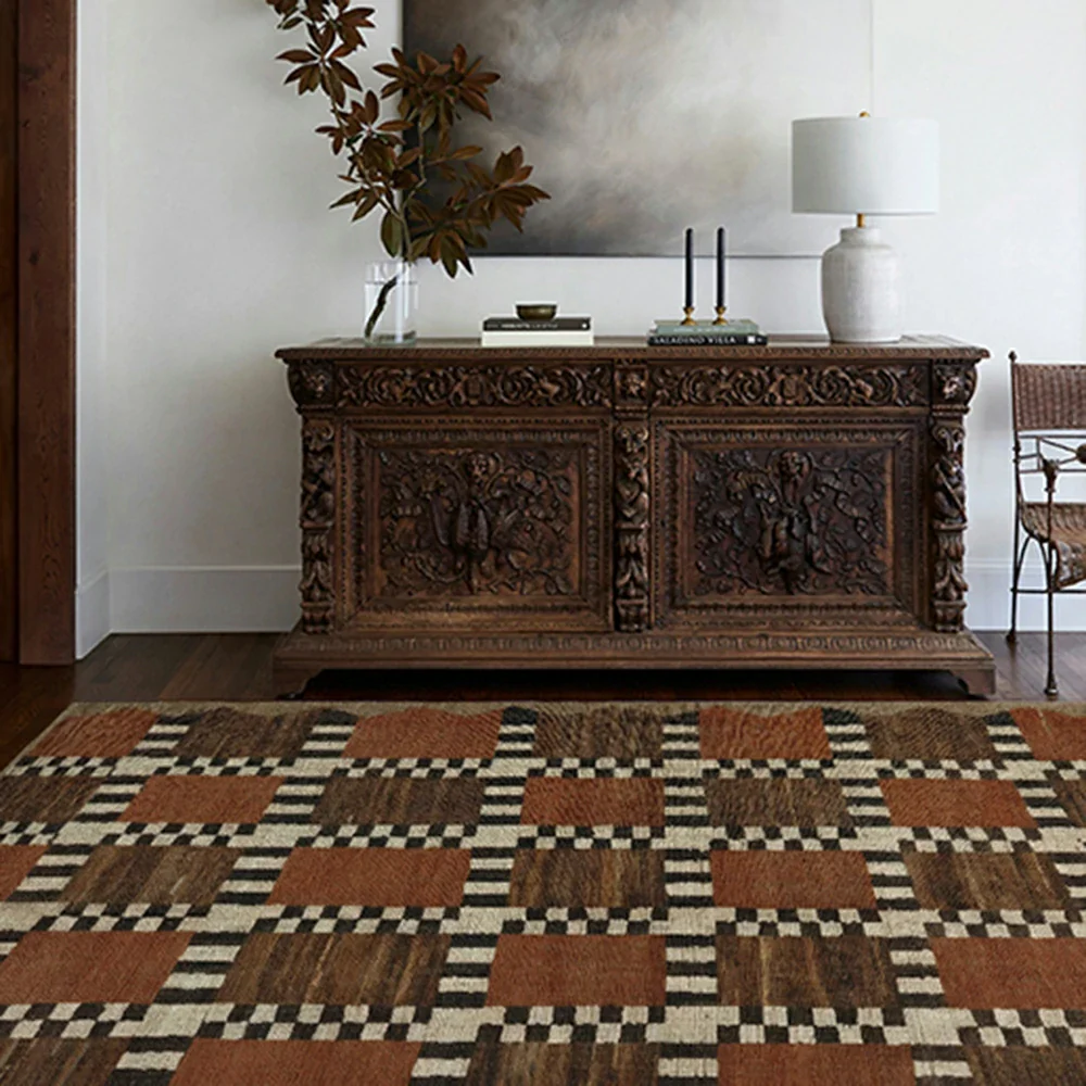 LIVARA 160/200cm Gabbeh Checker-Pattern Loop-Pile Rug - Non-Slip Eco Cotton-Latex Backing - Waterproof, Stain-Resistant, Soft & Durable - Terracotta Brown - Image 4