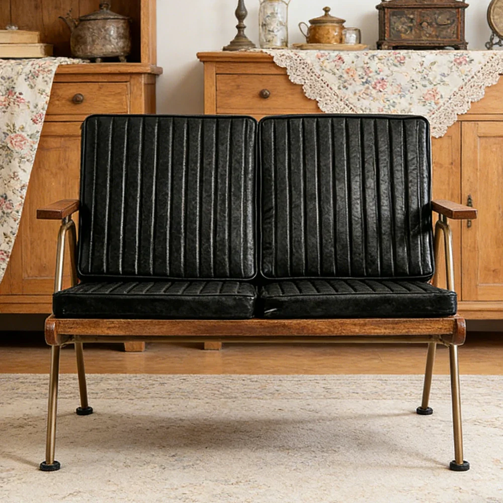 LIVARA Vintage Industrial 2-Seater Sofa Chair - PU Leather Upholstery with Padded Cushions, Solid Wood Armrests, Sturdy Metal Frame for Living & Lounge Spaces - Black - Image 2