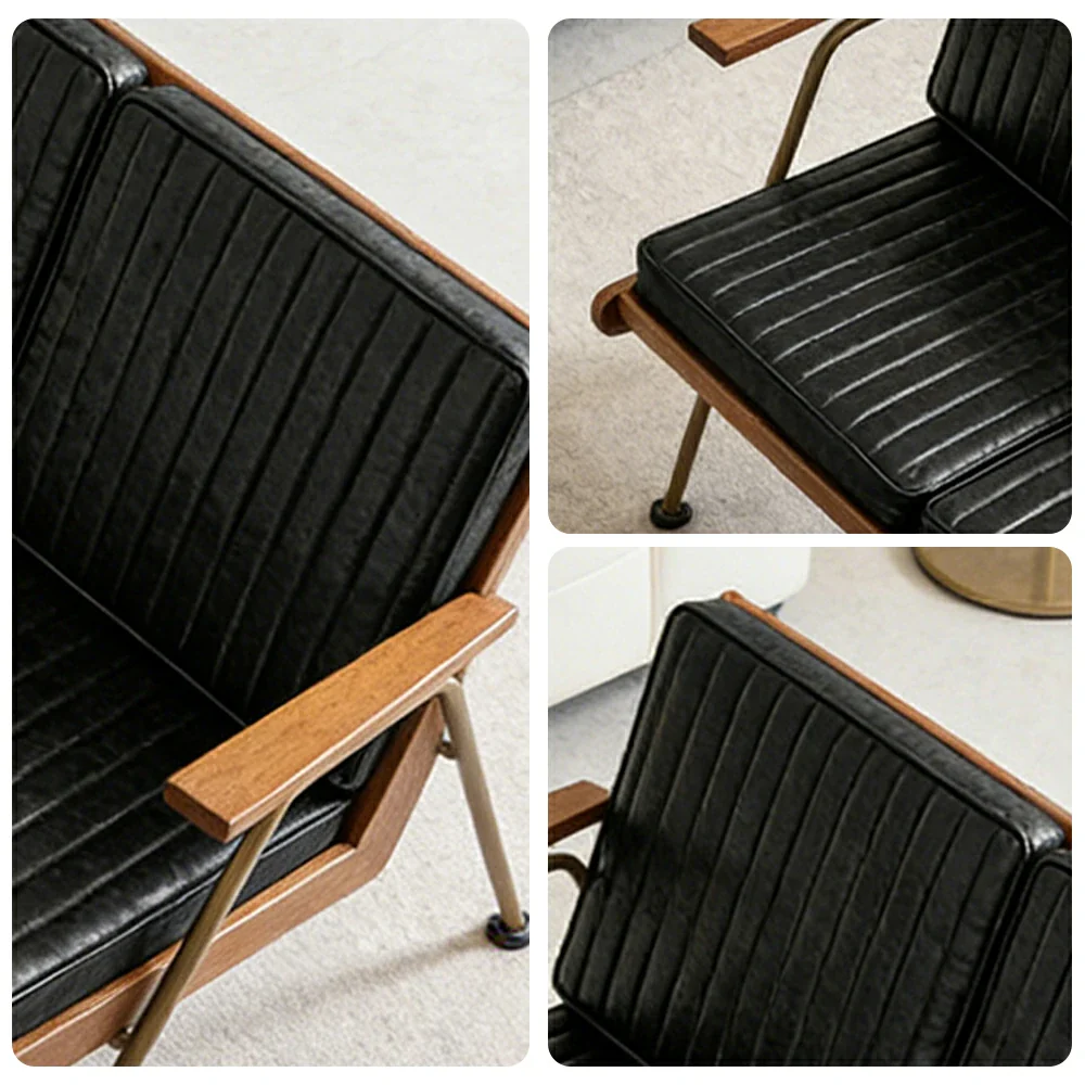 LIVARA Vintage Industrial 2-Seater Sofa Chair - PU Leather Upholstery with Padded Cushions, Solid Wood Armrests, Sturdy Metal Frame for Living & Lounge Spaces - Black - Image 3