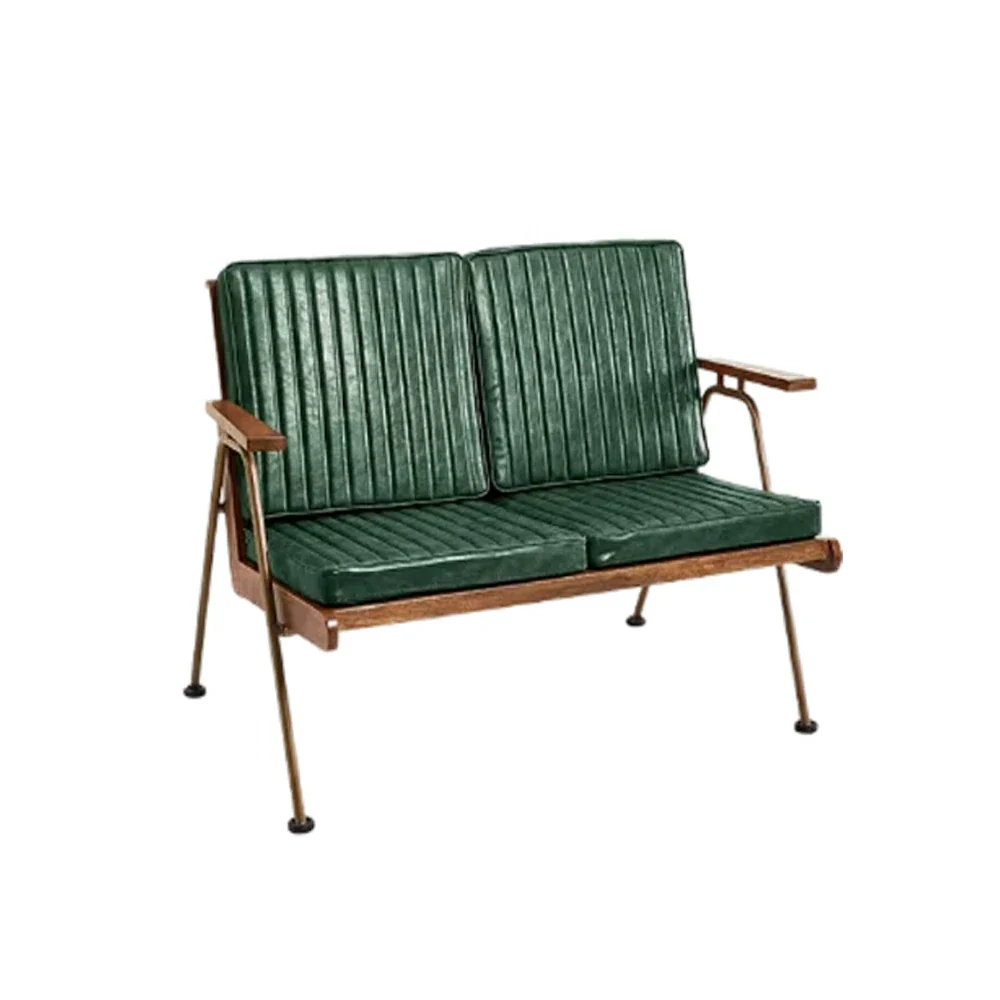 LIVARA Vintage Industrial 2-Seater Sofa Chair - PU Leather Upholstery with Padded Cushions, Solid Wood Armrests, Sturdy Metal Frame for Living & Lounge Spaces - Green