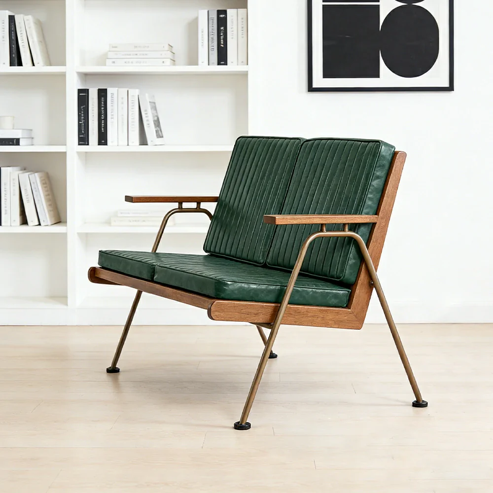 LIVARA Vintage Industrial 2-Seater Sofa Chair - PU Leather Upholstery with Padded Cushions, Solid Wood Armrests, Sturdy Metal Frame for Living & Lounge Spaces - Green - Image 4