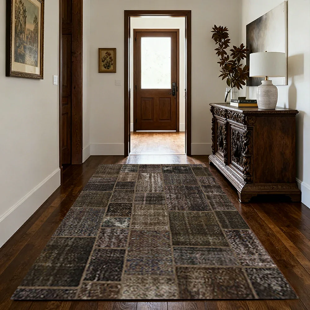 LIVARA 160/200cm Vintage Patchwork Loop-Pile Rug - Non-Slip Eco Cotton-Latex Backing - Waterproof, Stain-Resistant, Soft & Durable - Dark Brown - Image 2