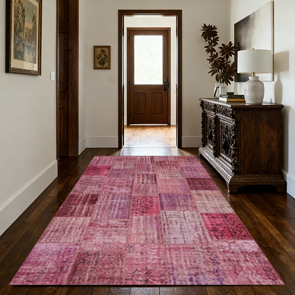 LIVARA 160/200cm Vintage Patchwork Loop-Pile Rug - Non-Slip Eco Cotton-Latex Backing - Waterproof, Stain-Resistant, Soft & Durable - Pink Purple - Image 2