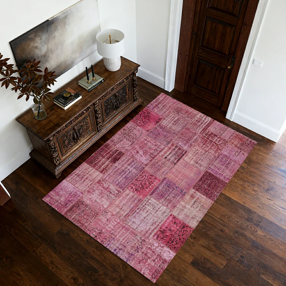 LIVARA 160/200cm Vintage Patchwork Loop-Pile Rug - Non-Slip Eco Cotton-Latex Backing - Waterproof, Stain-Resistant, Soft & Durable - Pink Purple - Image 4