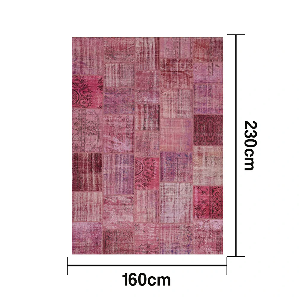 LIVARA 160/200cm Vintage Patchwork Loop-Pile Rug - Non-Slip Eco Cotton-Latex Backing - Waterproof, Stain-Resistant, Soft & Durable - Pink Purple - Image 5