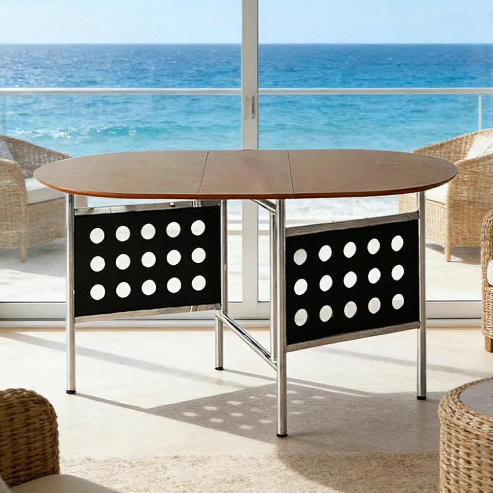 LIVARA Vintage Oval Dining Table - Solid Wood Tabletop, Foldable Space-Saving Design, Stainless Steel Frame for Home & Dining Use - Black - Image 2