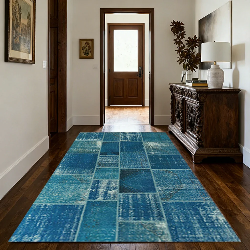 LIVARA 160/200cm Vintage Patchwork Loop-Pile Rug - Non-Slip Eco Cotton-Latex Backing - Waterproof, Stain-Resistant, Soft & Durable - Ocean Blue - Image 2