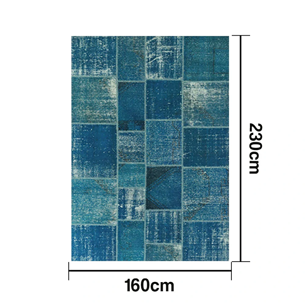 LIVARA 160/200cm Vintage Patchwork Loop-Pile Rug - Non-Slip Eco Cotton-Latex Backing - Waterproof, Stain-Resistant, Soft & Durable - Ocean Blue - Image 5