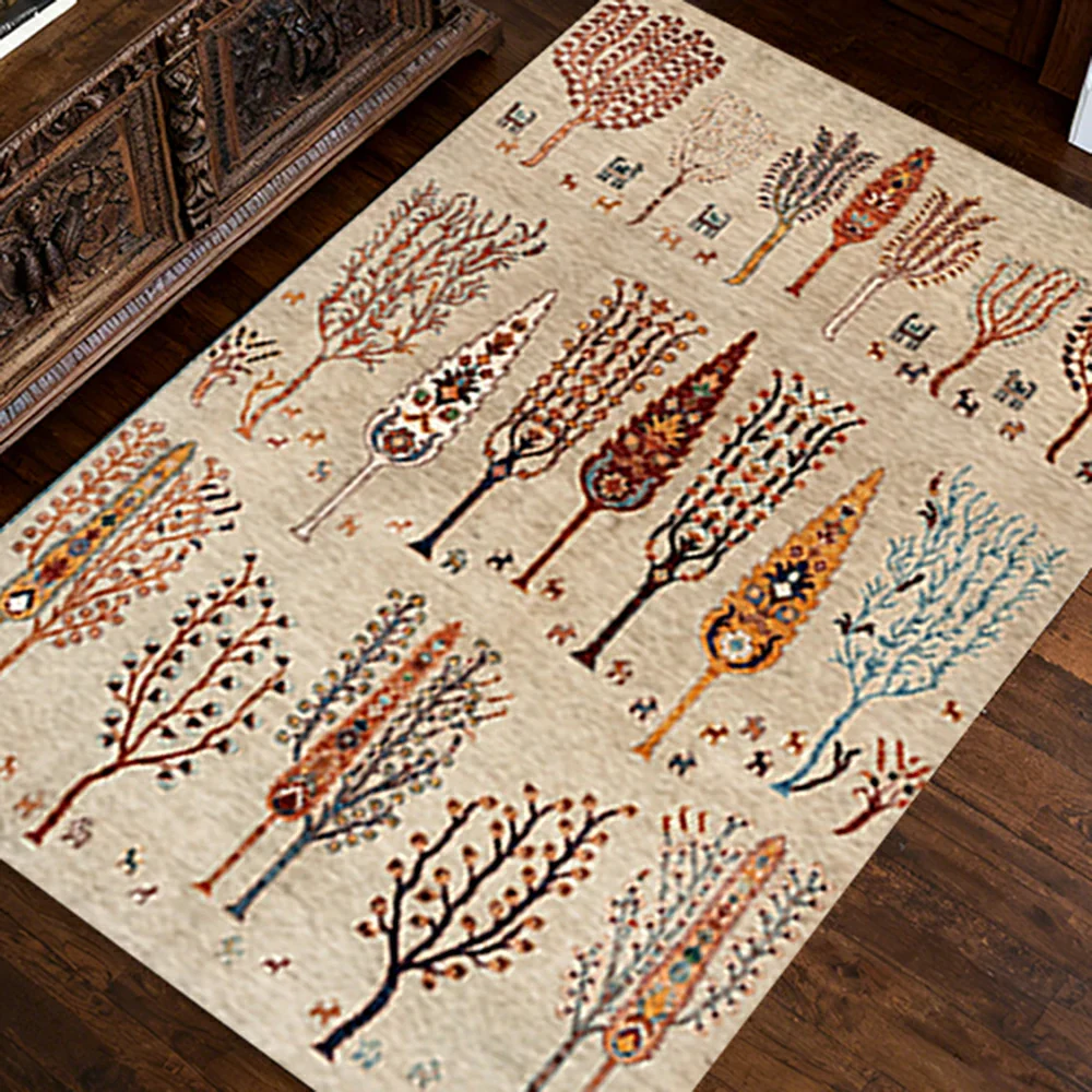 LIVARA 160/200cm Gabbeh Tree-Pattern Loop-Pile Rug - Non-Slip Eco Cotton-Latex Backing - Waterproof, Stain-Resistant, Soft & Durable - Beige Multi - Image 3