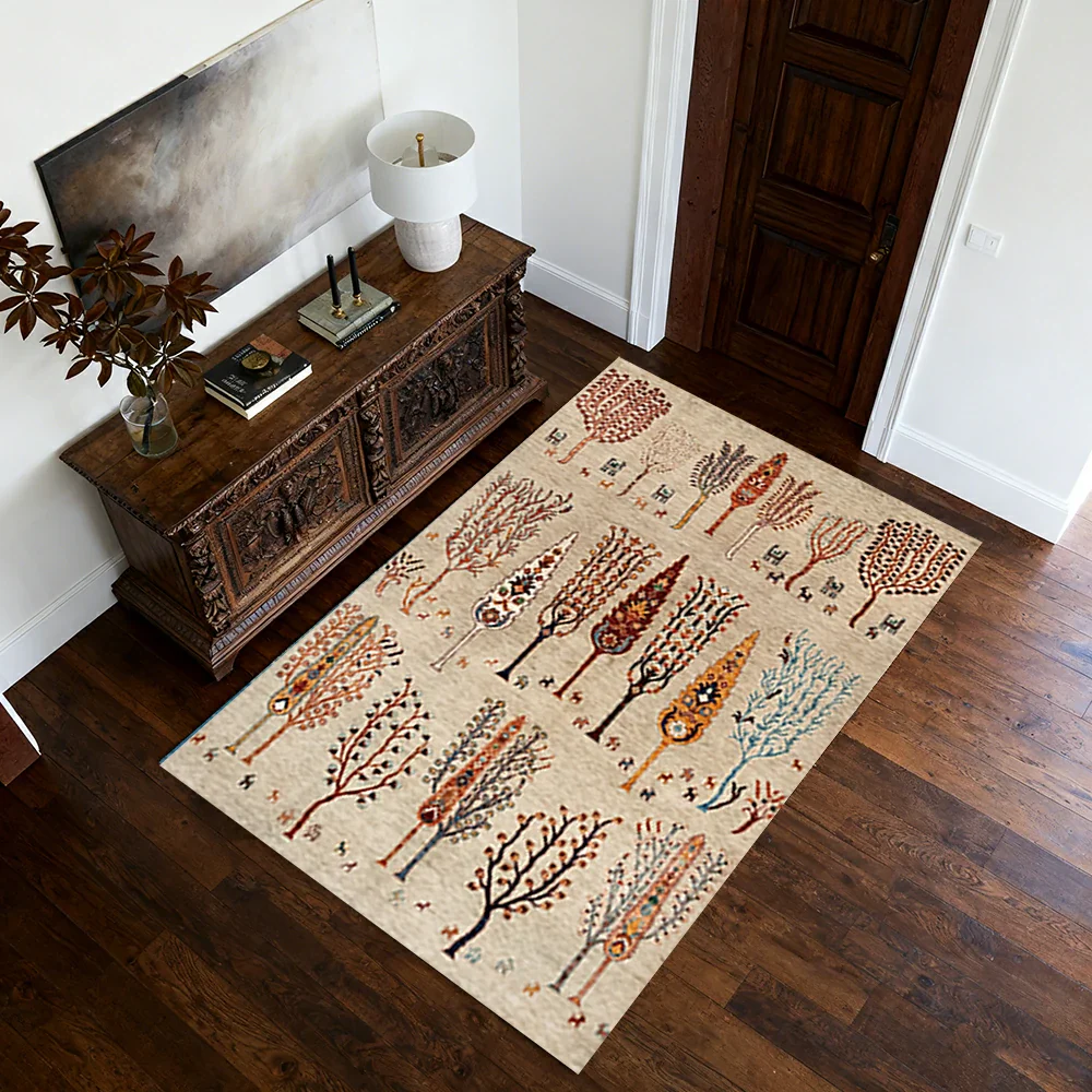 LIVARA 160/200cm Gabbeh Tree-Pattern Loop-Pile Rug - Non-Slip Eco Cotton-Latex Backing - Waterproof, Stain-Resistant, Soft & Durable - Beige Multi - Image 4