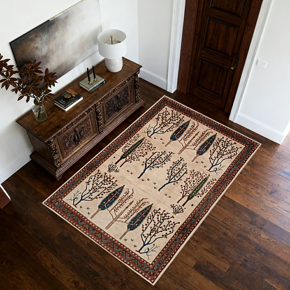 LIVARA 160/200cm Gabbeh Tree-Border Loop-Pile Rug - Non-Slip Eco Cotton-Latex Backing - Waterproof, Stain-Resistant, Soft & Durable - Beige Multi - Image 4