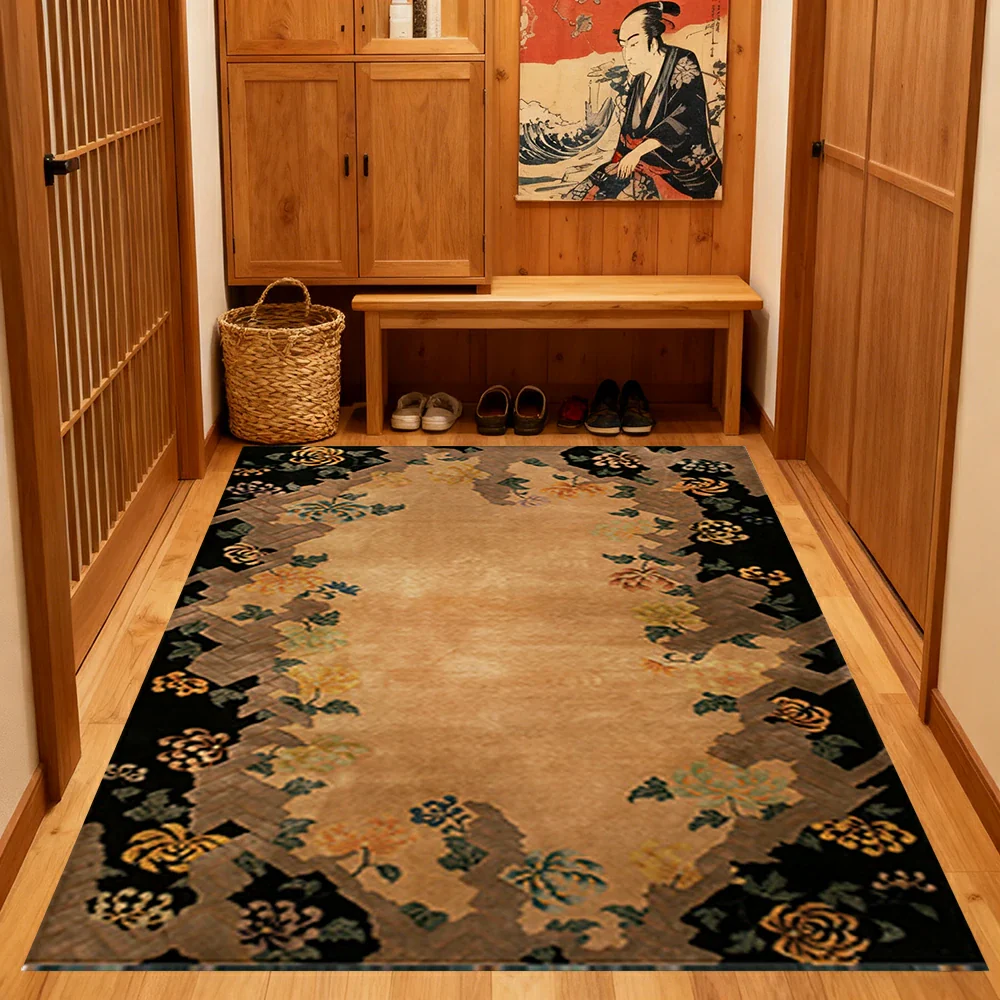 LIVARA 160/200cm Vintage Floral Border Loop-Pile Rug - Upgraded Non-Slip Eco Cotton-Latex Backing - Waterproof, Stain-Resistant, Soft & Durable - Brown Black - Image 4