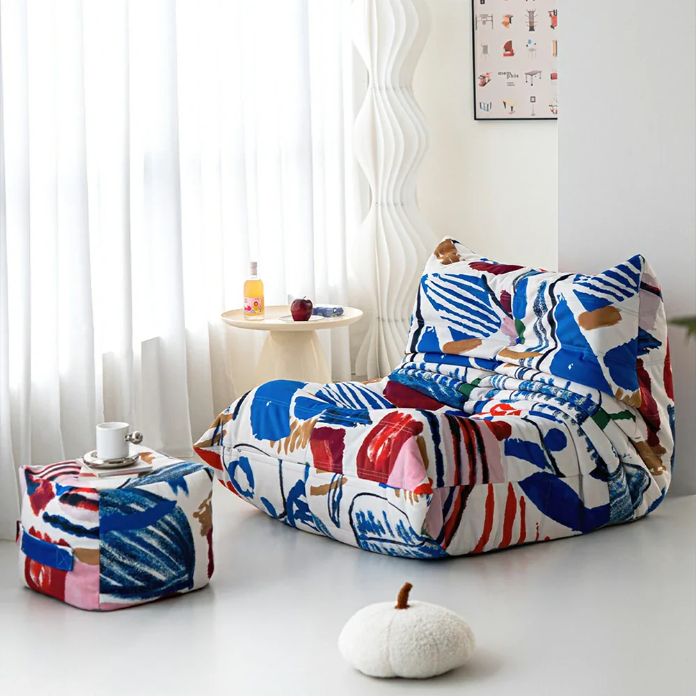 LIVARA Modern Caterpillar Bean Bag Sofa Set - Artistic Printed Upholstery with Matching Ottoman, Deep Cushioning, Lounge Chair for Living Room & Relax Space - White - Image 2