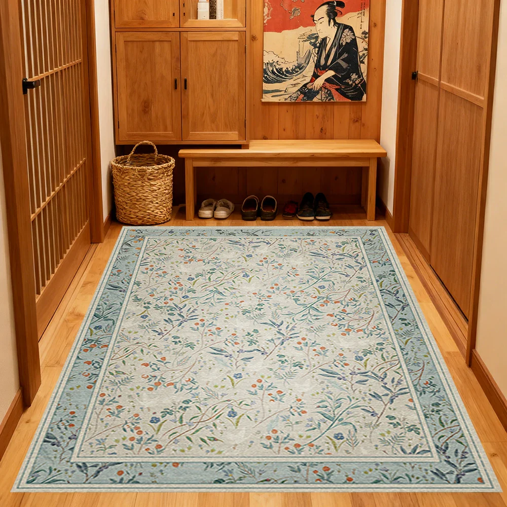 LIVARA 160/200cm Floral Vintage Loop-Pile Rug - Upgraded Non-Slip Eco Cotton-Latex Backing - Waterproof, Stain-Resistant, Soft & Durable - Light Blue - Image 4