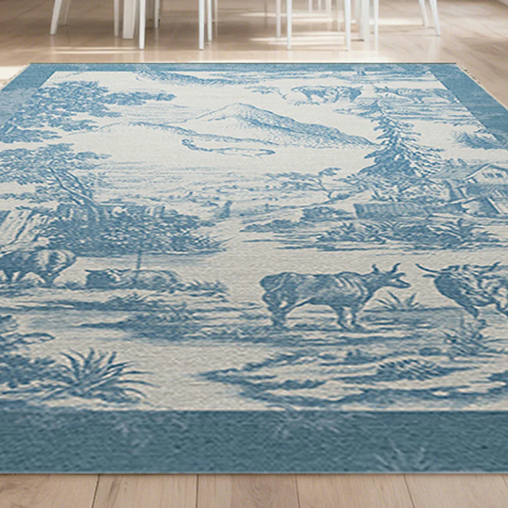 LIVARA 160/200cm Pastoral Scenic Illustration Loop-Pile Rug - Upgraded Non-Slip Eco Cotton-Latex Backing - Waterproof, Stain-Resistant, Soft & Durable - Blue - Image 3